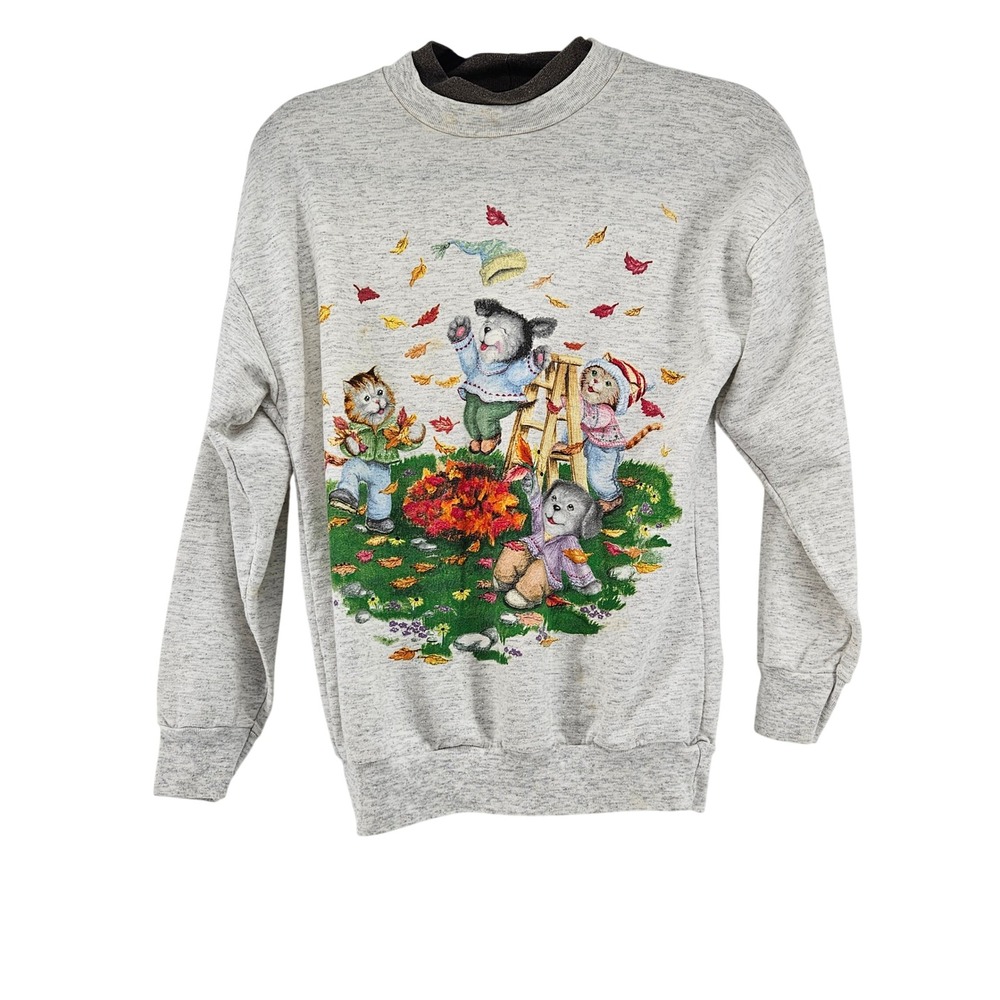 Vintage Basics Whimsy Cat‎ & Dog Sweatshirt Small Autumn Animals Print Teacher